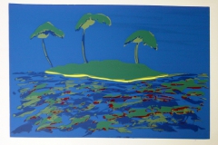 Tropisch-eiland-in-blauw-zeefdruk